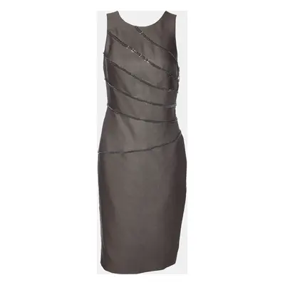 Versace Deep Taupe Wool & Silk Fishbone Chain Detail Dress