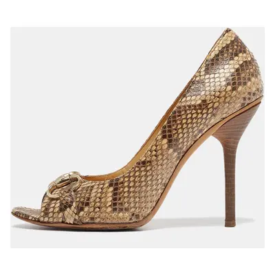 Gucci Brown/Beige Snakeskin Horsebit Open Toe Pumps Size