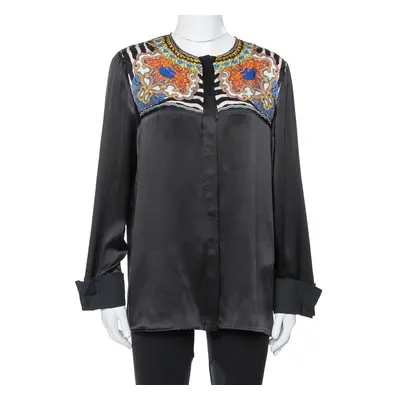 Just Cavalli Black Silk Printed Yoke Detail Long Sleeve Top