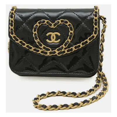 Chanel Black Patent Leather CC Heart Wallet with Chain