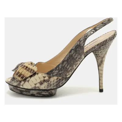 Oscar de la Renta Snakeskin Leather Slingback Bow Peep Toe Sandals 38.5