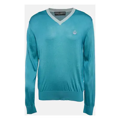 Dolce & Gabbana Teal Blue Silk Knit V-Neck Sweatshirt