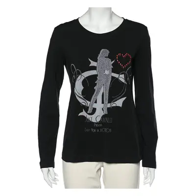 Just Cavalli Black Printed Cotton Knit Long Sleeve T-Shirt