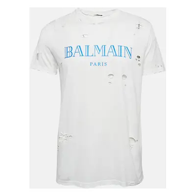 Balmain White Cotton Logo Print Jersey Distressed Crewneck T-Shirt