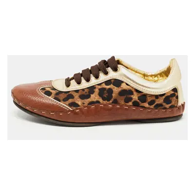 Dolce & Gabbana Brown Leather and Canvas Leopard Print Low Top Sneakers Size 40.5