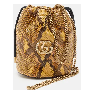 Gucci Yellow/Brown Python Mini GG Torchon Marmont Bucket Bag