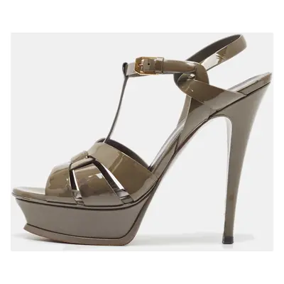 Saint Laurent Grey Patent Leather Tribute Platform Sandals Size 39.5