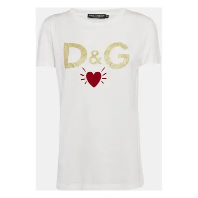 Dolce & Gabbana White Logo Heart Glitter Print Jersey T-Shirt