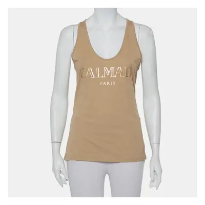 Balmain Beige Cotton Logo Printed Tank Top