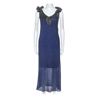 M Missioni Blue Metallic Knit Tie Shoulder Detail Maxi Dress