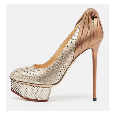 Charlotte Olympia Gold/Silver Python Leather Platform Pumps Size 37.5