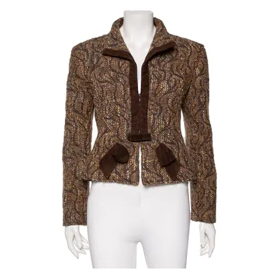 Valentino Brown Boucle Knit & Suede Trimmed Zip Front Jacket