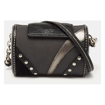 Tod's Black Leather and Canvas Studded Flap Shoulder Bag