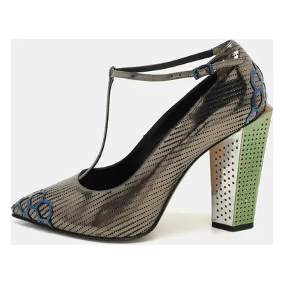 Fendi Metallic Perforated Leather T-Strap Pumps Size