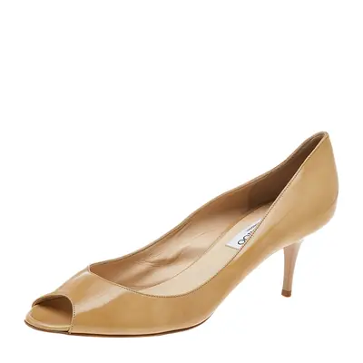 Jimmy Choo Beige Patent Leather Peep Toe Pumps Size 39.5