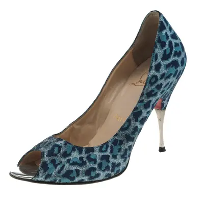 Christian Louboutin Blue Leopard Print Fabric Peep Toe Pumps Size