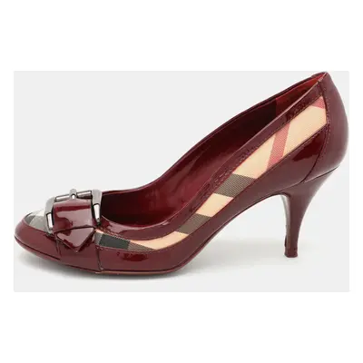 Burberry Burgundy Patent Leather and Coated Canvas Buckle Detail Pumps Size