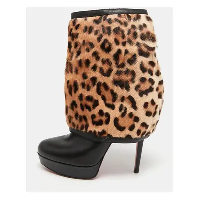 Christian Louboutin Black Leather And Calf hair Leopard Boots Size