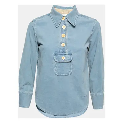 Chloe Light Blue Corduroy Pocket Detail Collared Top