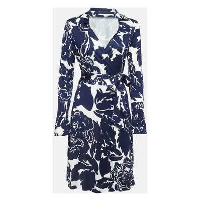 Diane Von Furstenberg Navy Blue Floral Printed Jersey Midi Wrap Dress