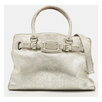 Michael Kors Silver Lizard Embossed Leather East West Hamilton Tote