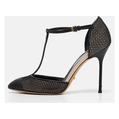 Sergio Rossi Black Mesh and Leather Mary Jane Pumps Size