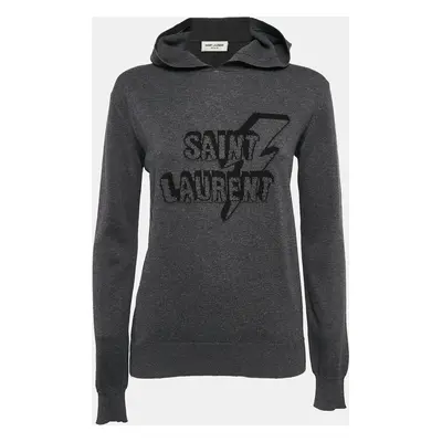 Saint Laurent Paris Grey Lightening Bolt Pattern Knit Hooded Sweater