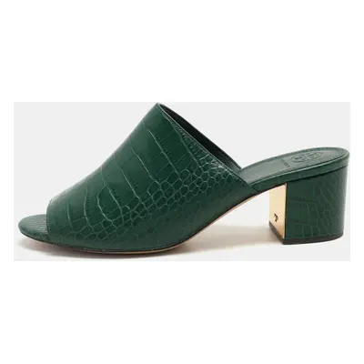 Tory Burch Green Croc Embossed Leather Martine Slide Sandals Size