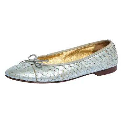 Chanel Silver Python Leather CC Bow Ballet Flats Size 38.5