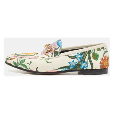 Gucci White Floral Canvas Jordaan Horsebit Slip On Loafers Size