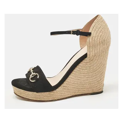 Gucci Black Suede and Raffia Horsebit Wedge Sandals Size