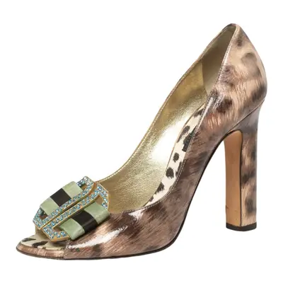 Roberto Cavalli Brown/Beige Leopard Print Patent Leather Embellished Buckle Detail Peep-Toe Pump