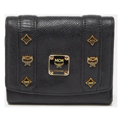 MCM Black Leather Studded Charm Trifold Wallet