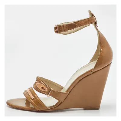 Balenciaga Beige Patent Leather Wedge Ankle Strap Sandals Size