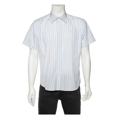 Balmain White Striped Cotton Short Sleeve Shirt