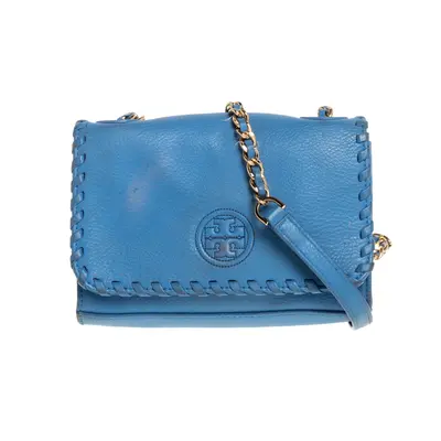 Tory Burch Blue Leather Mini Marion Shrunken Shoulder Bag