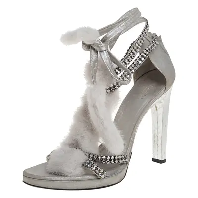 Tom Ford For Gucci Silver Leather And Mink Fur Strappy Ankle Wrap Sandals Size 40.5