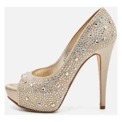 Gina Beige Satin Crystal Embellished Peep Toe Platform Pumps Size