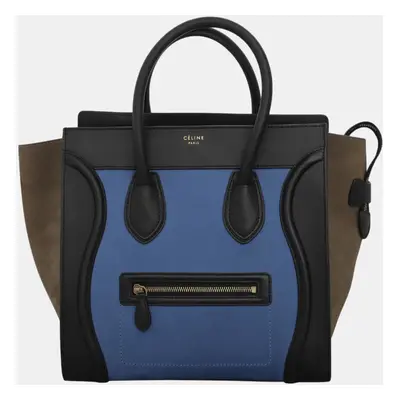 Celine Black, Blue, Dark Olive Green Leather Tricolor Mini Luggage Bag