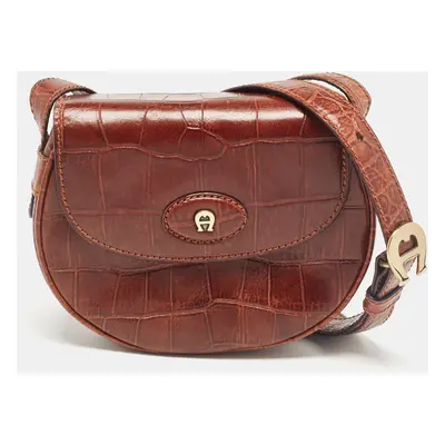 Aigner Dark Brown Croc Embossed Leather Flap Saddle Crossbody Bag