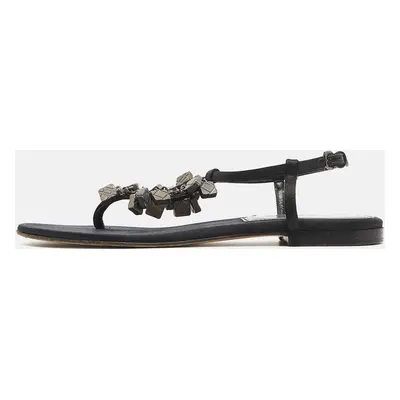 Burberry Black Satin Embellished Thong Flat Sandals Size