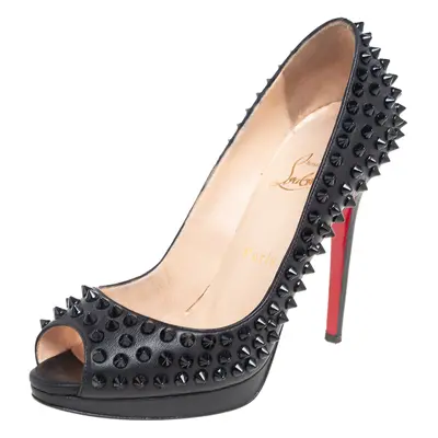 Christian Louboutin Black Leather Yolanda Spikes Peep Toe Pumps Size 37.5