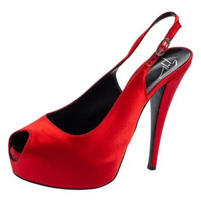 Giuseppe Zanotti Red Satin Peep Toe Slingback Pumps Size