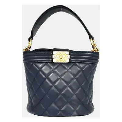 Chanel Navy Blue Leather Quilted Bucket Boy Shoulder Bag