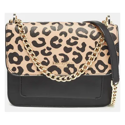 Kate Spade Black/Beige Leopard Print Leather Remi Flap Chain Crossbody Bag