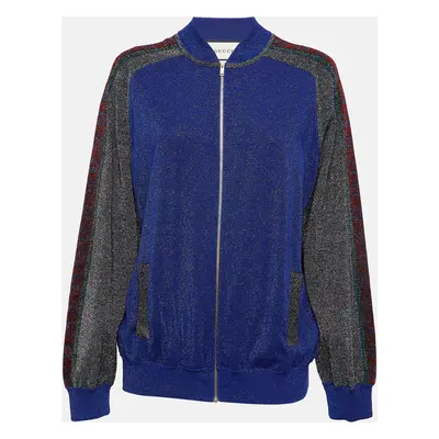 Gucci Blue GG Intarsia Lame Knit Zip Front Jacket