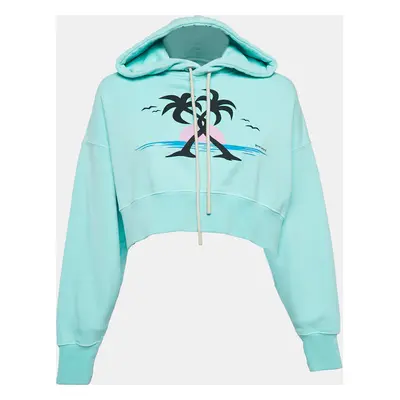 Palm Angels Seafoam Green Hugging Palms Print Cotton Crop Hoodie