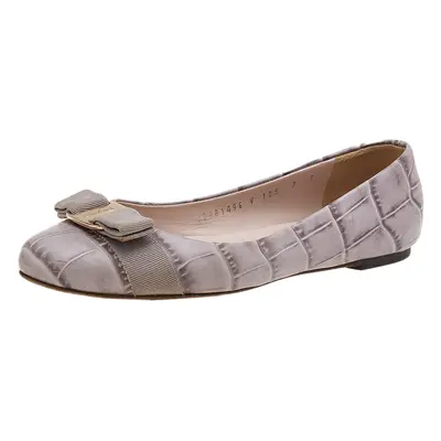 Salvatore Ferragamo Grey Croc Embossed Leather Varina Ballet Flats Size 37.5