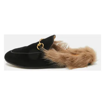 Gucci Black Velvet and Fur Lined Princetown Flat Mules Size 36.5