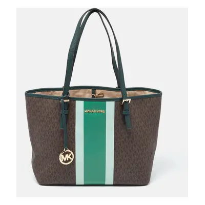 Michael Kors Brown/Green Signature Coated Canvas and Leather Tote